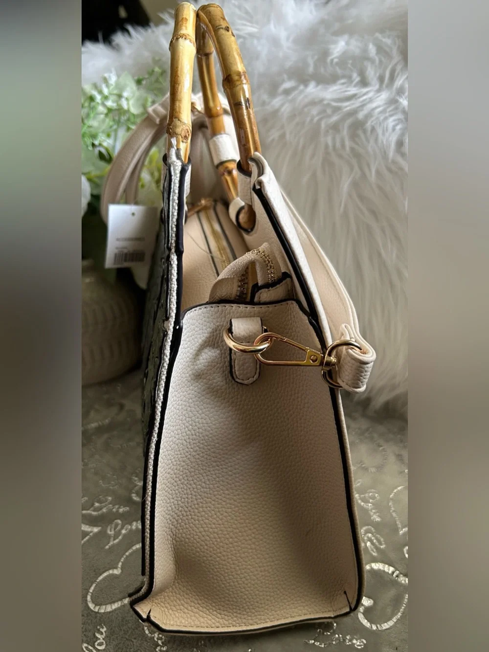 NWT Cato, Large, Beige & Olive Green Textured Leaves Bamboo-Handle Tote Bag